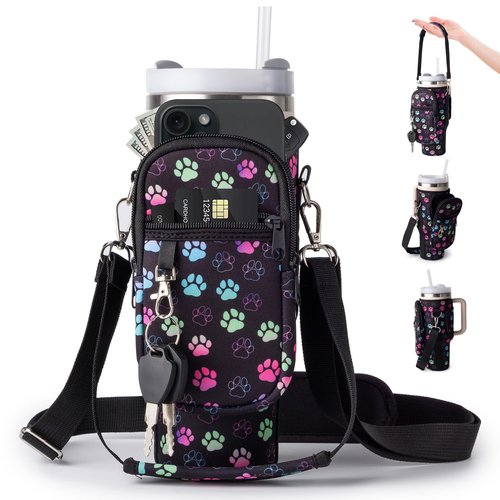 linmaya Water Bottle Carrier Bag with Phone Pocket for Stanley Cup 40/30oz,Insulated Neoprene Water Bottle Holder Cross-Body Carrier Bag with Adjustable Shoulder & Handheld Strap (Black Paw, 30oz)