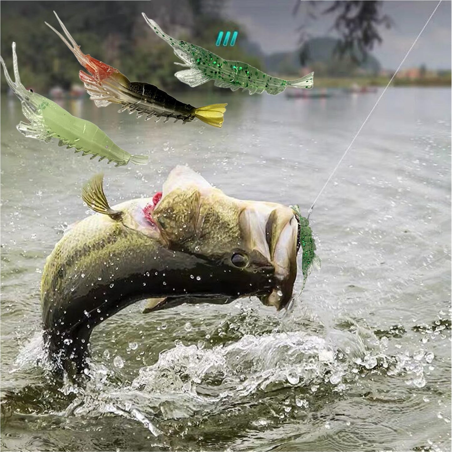 DAMIDEL 30Pcs Simulation Fishing Soft Plastic Lures Bait Kit, Lumionous Shrimp Lures Set, Universal Size 3.2in, 1/8oz, Bass Fishing Tackle
