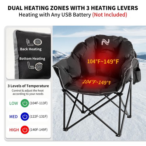 NAIZEA Heated Camping Chair, Oversized Heated Folding Outdoor Chair for Adults with 3 Heat Levels, Portable Foldable Patio Lounge Chair for Sports Outdoors Camp, Battery NOT Included