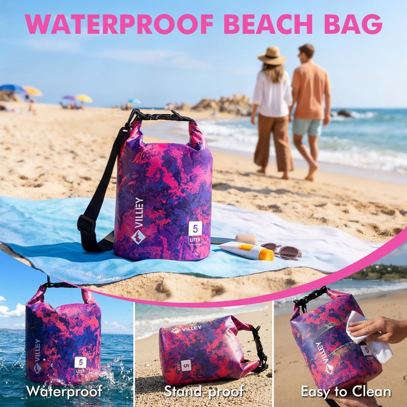 VILLEY Dry Bag Waterproof 5L Roll Top Storage Backpack, Keeps Gear Dry Lightweight Backpack for Kayaking Boating Camping Swimming and Beach Accessories Purple Camo