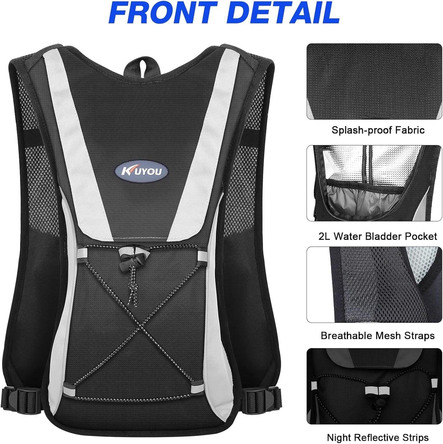 KUYOU Running Hydration Vest - Lightweight Insulated Hydration Backpack with 2L Water Bladder, Adjustable Chest Straps and Reflective Water Backpack for Trail Running Marathon Race Hiking Cycling