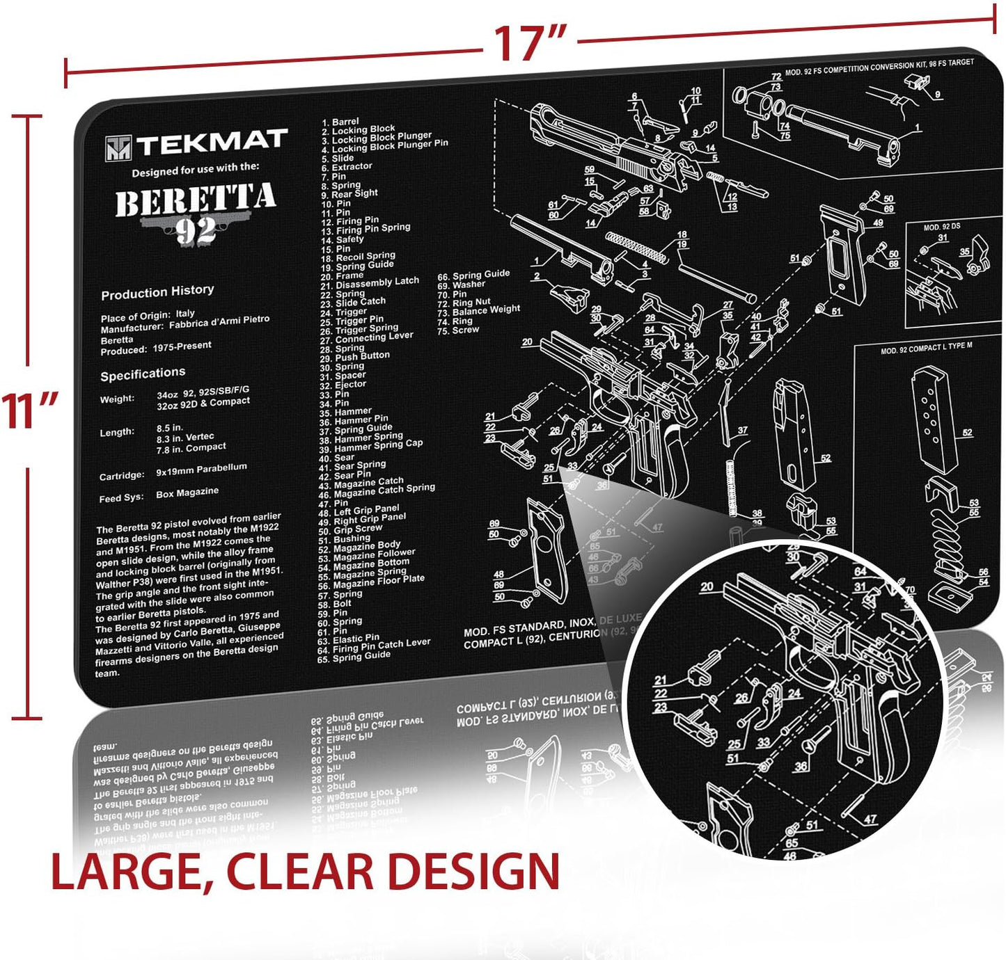 TekMat Gun Cleaning Mat for use with Beretta 92-M9 , Black