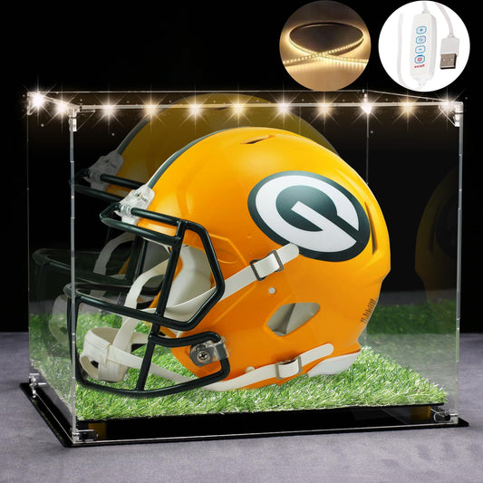 Full Size Football Helmet Display Case with 3-Modes LED Lights & Turf Base – Acrylic Showcase with Mirror Back, Gold Risers, UV Protection – Perfect for Sports Memorabilia & Collectibles