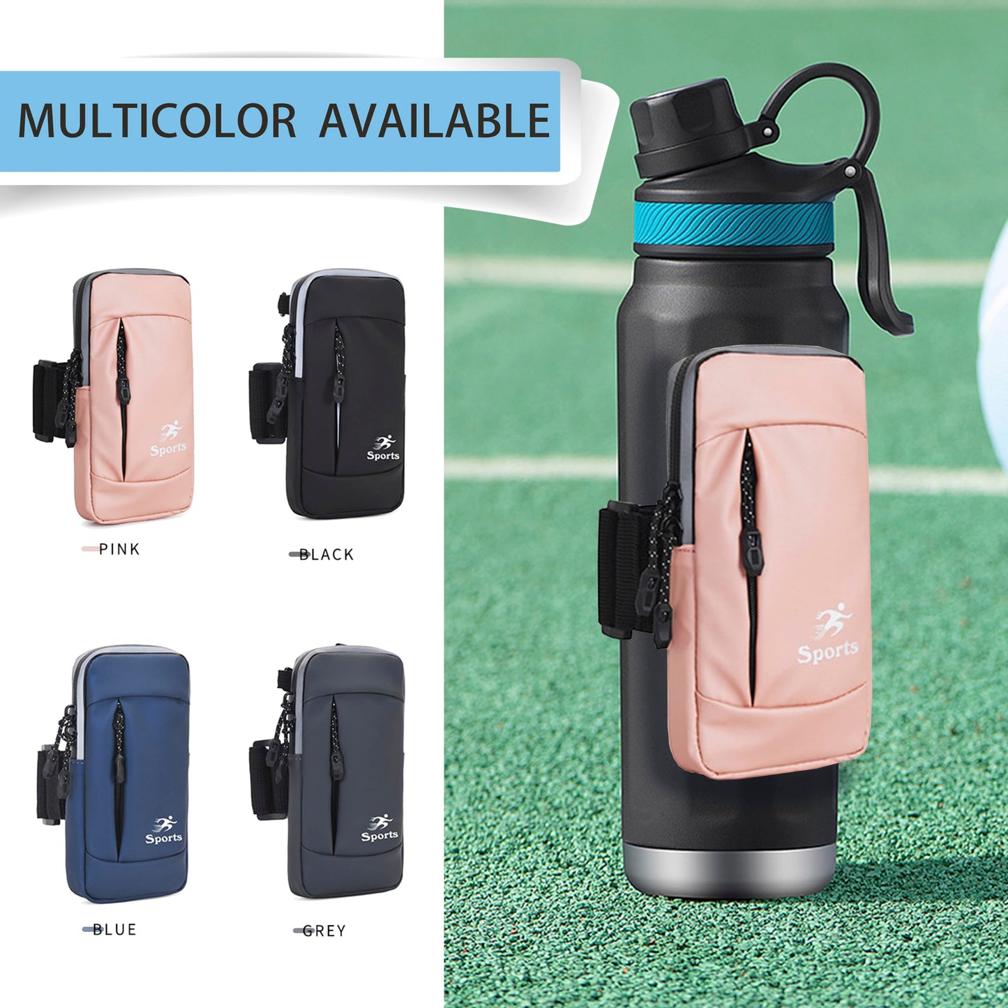 ananlu Bottle Caddy Gym Water Bottle Pouch Sleeve with Zipper Side Storage Pockets for Cards, Keys, Phone, or Wallet for Reusable, Gym Bottle Accessories for Men Women