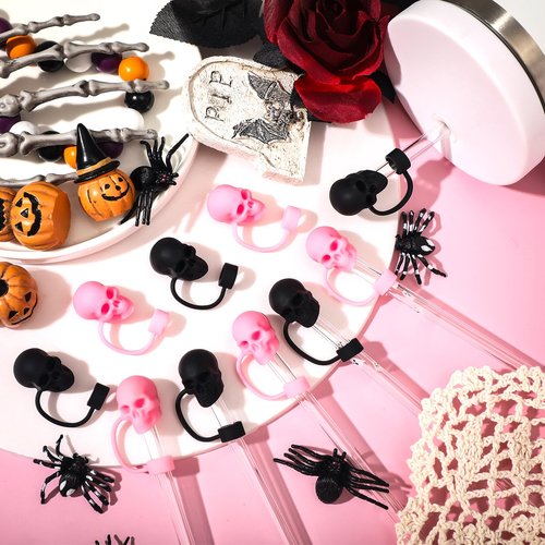 Yoande 12 Pcs Halloween Skull Straw Topper Compatible with Stanley Cup Accessories 30 40 oz 10 mm Silicone Straw Cover Cap Reusable for Halloween Cup Accessories Decoration Gift(Black, Pink)
