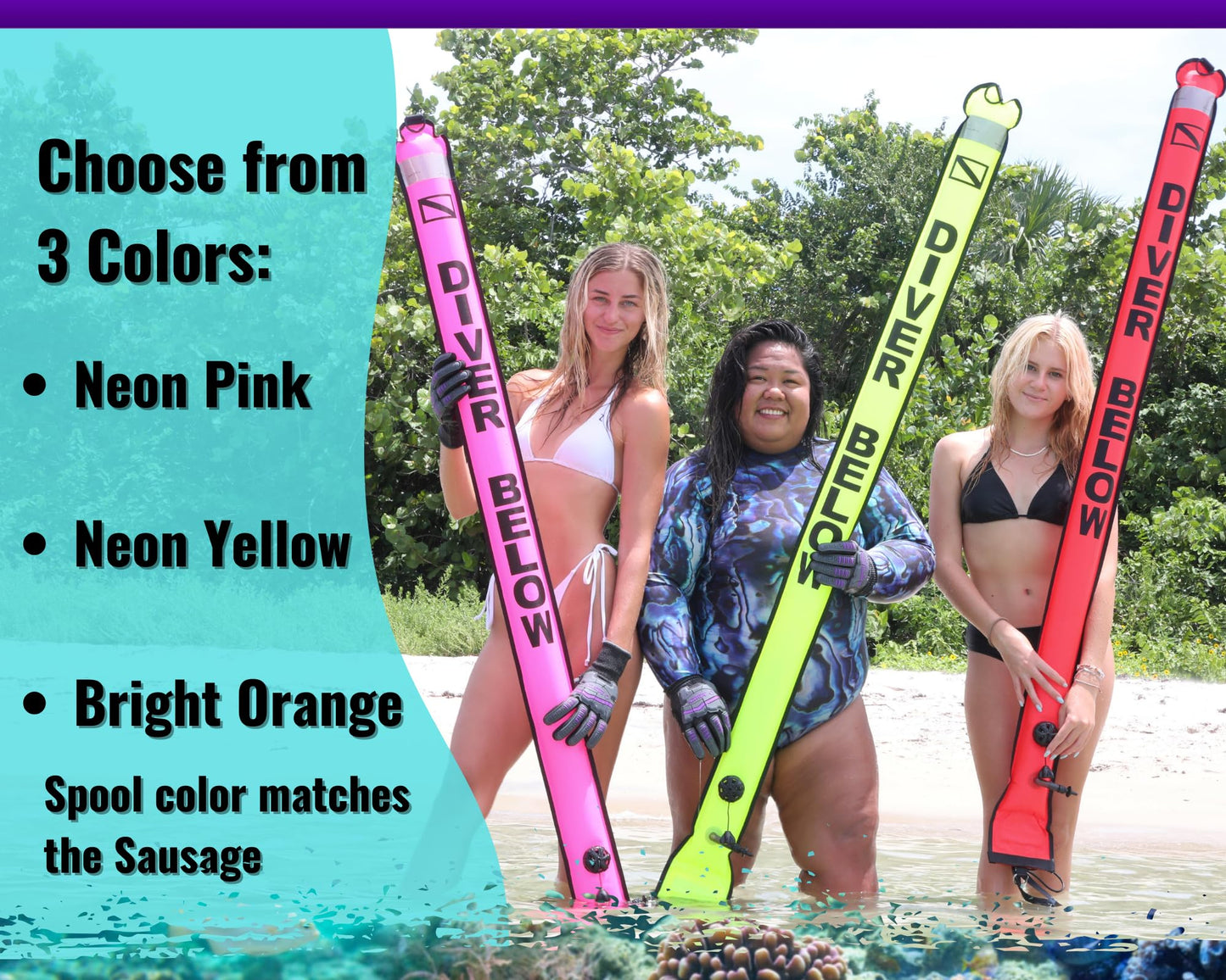 Aquatic Hunt 3 Piece Set = 6ft (1.83M) Safety Sausage (SMB) + 4" SS Clip + 100ft (30M) Finger Reel/Spool (Yellow)