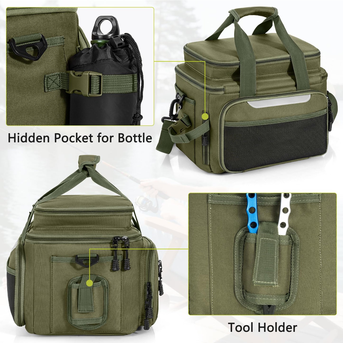 FREEAMG Fishing Tackle Bags - Saltwater & Freshwater Fishing Bag - Padded Shoulder Strap Fishing Bags - Gear Storage for Tackle Box (Green) (Does not come with box)