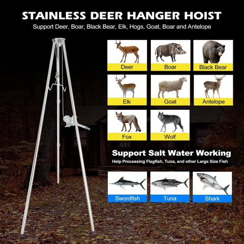 Deer Game Hoist Tripod Deer Hanger Stainless Steel Rack Stand for Hunting Processing Cleaning Hide Skinning with 500lb Capacity Gambrel and Manual Winch - Heavy Duty