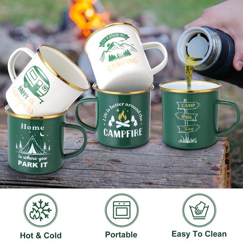 Pickmesh 6 Pcs Camping Mugs Enamel Cups 12oz Coffee Cups with Handle Camping Gifts for Outdoor Hiking Backpacking Lovers
