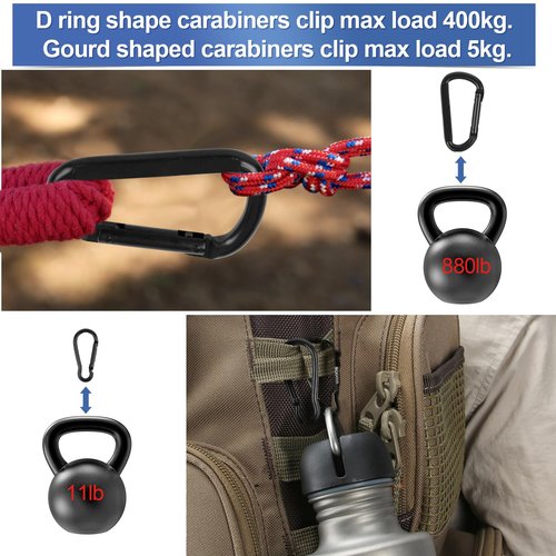 Heavy Duty Carabiner Clip by [Brand], 850lbs, 3 Pc Set: D Shaped + 2 Pc Set Gourd Shaped, 6 Key Rings, Spring Hooks Black for Outdoors, Gym, Keychains