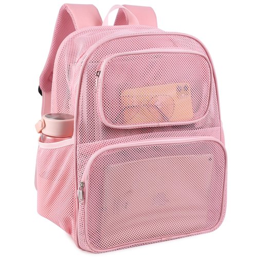 COVAX Large Mesh Bookbag, Semi-transparent College Backpack, See Through Mesh Backpack with Bungee and Comfort Padded Straps for Travel, Swimming, Beach, Outdoor Sports (Pink)