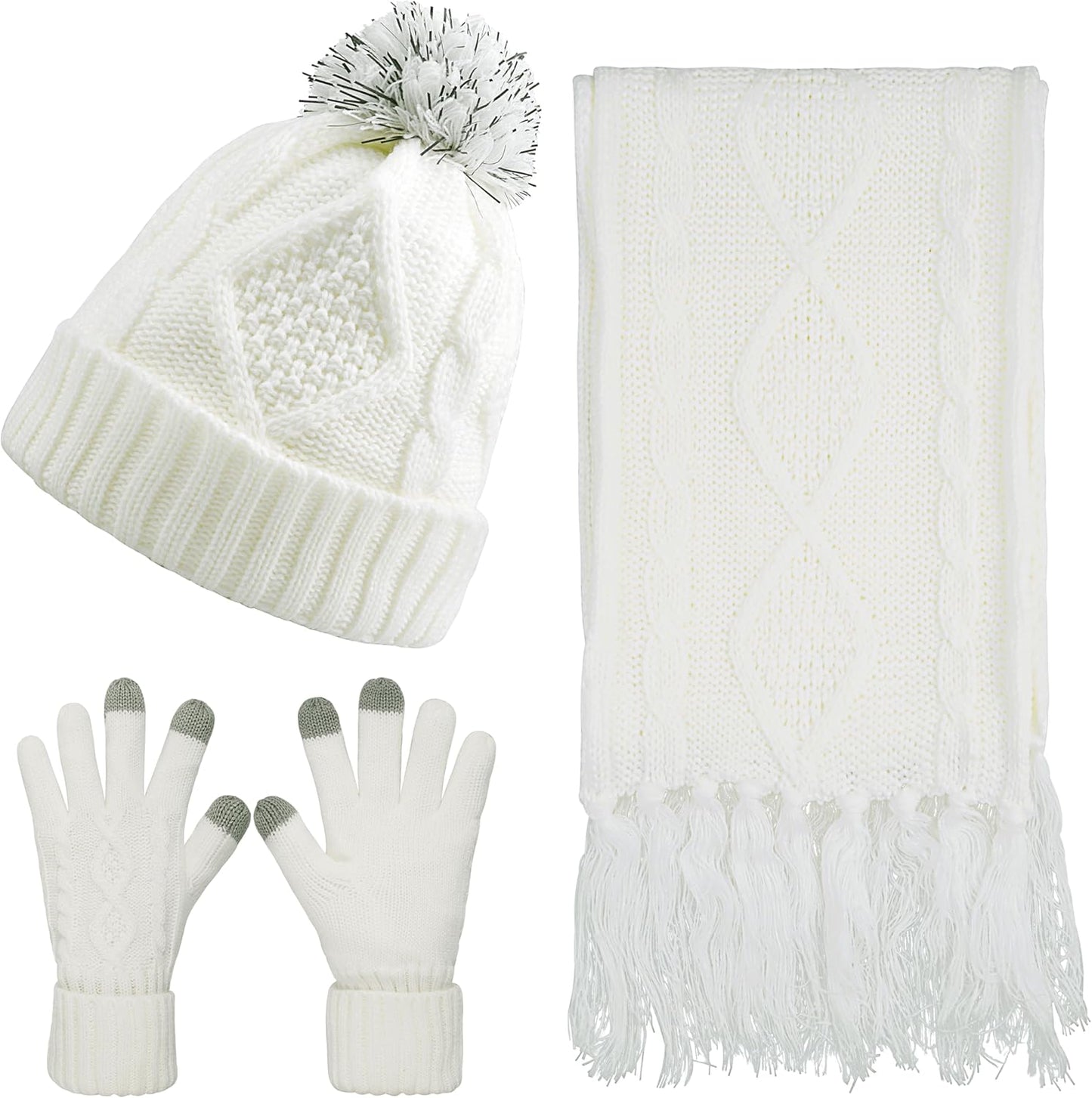 Winter Hat Gloves Scarf Set for Women, Cable Knit Beanie Pom Cap Touch Screen Glove Long Scarf 3PCS Winter Gift for Women Men
