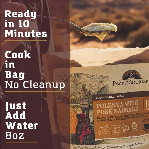 Packit Gourmet Polenta with Pork Sausage| Premium Freeze Dried Backpacking & Camping Food | Large Portions | High Protein | Real Meat | Just Add Water Meals |All-Natural Ingredients | Made in USA |Freeze-Dried and Dehydrated Foods
