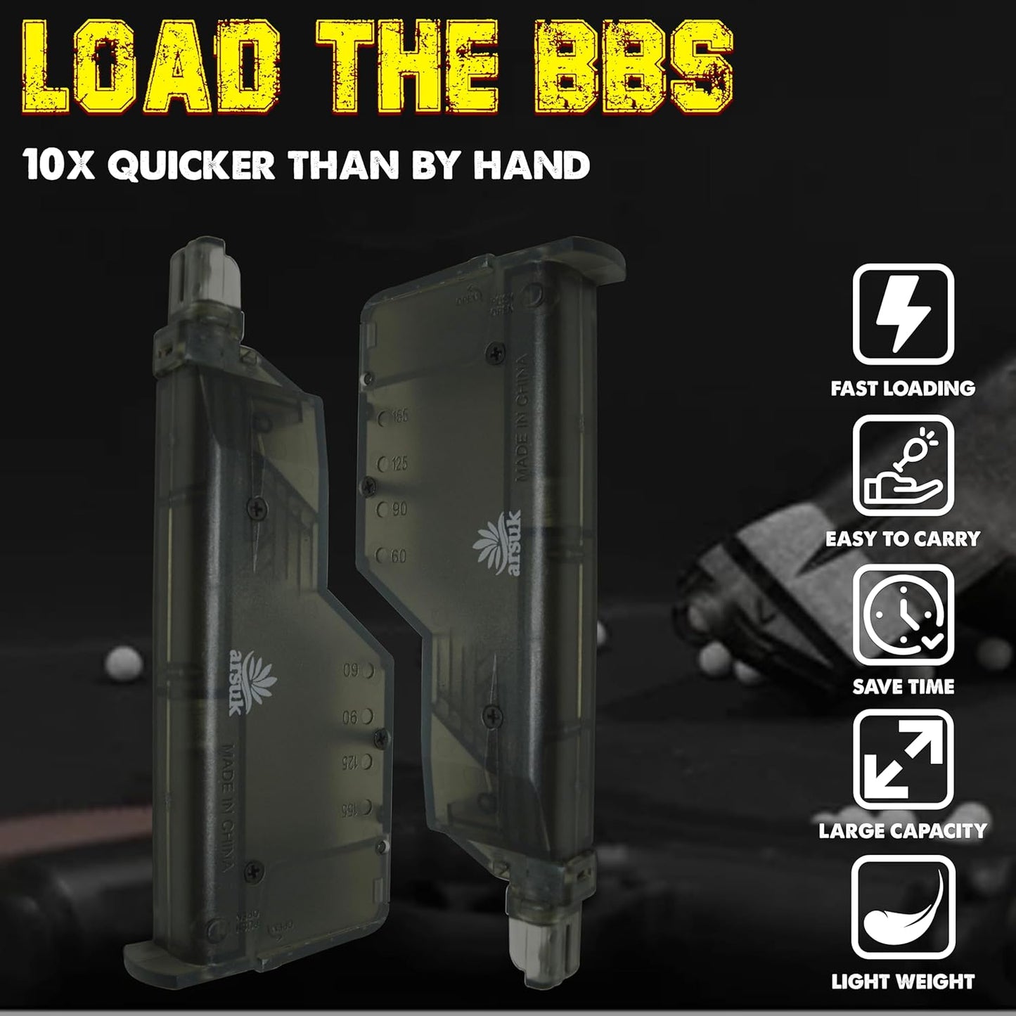 ARSUK Airsoft Fast BB Loader with Adapter – Quick BB Reloading Tool for 90 6mm BB Pellets, Paintball & Airsoft Magazines Speed Loader – Fast & Easy Airsoft Tactical Accessory