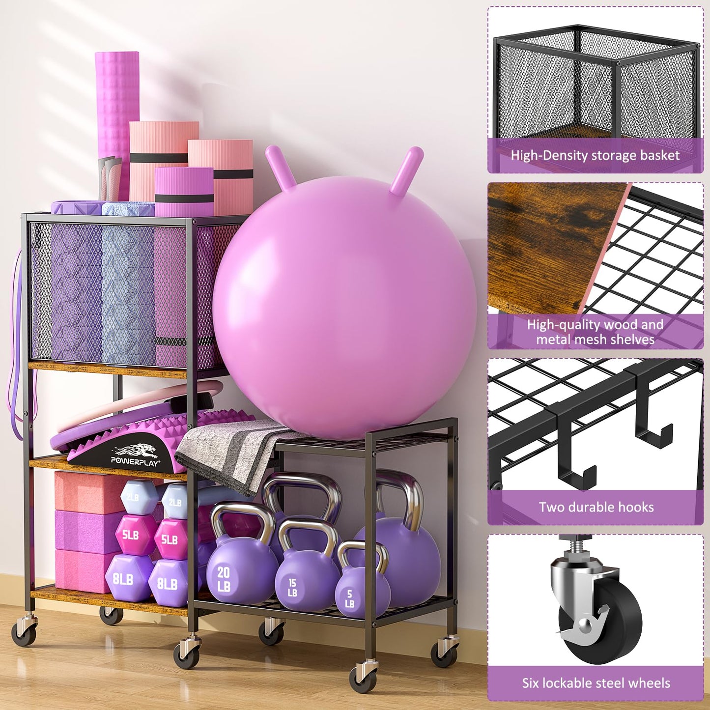 5 Tier Dumbbell Rack, Yoga Mat Storage Holder, Home Gym Storage Rack, Workout Equipment Storage Organizer, Weight Storage Holder Rack with Hooks and Wheels