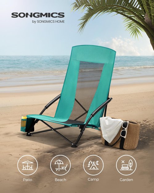 SONGMICS Set of 2 Portable Beach Chairs for Adults, Max. Load 330 lb Each, High Backrest, Cup Holder, Lightweight, Heavy-Duty, Green UGCB067C01V1