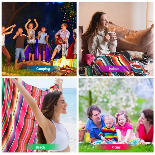 Tudomro 10 PCS Large Authentic Mexican Blankets Colorful Mexican Striped Throw Blankets Serape Fiesta Beach Fringe Yoga for Home Office Camping Picnic (Rainbow)