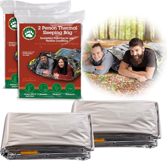 Emergency Thermal Mylar 2 Person Sleeping Bags -Ultra Compact for Camping, Survival, Disaster Bivouac Shelter- Pocket Sized, 7.25ft x 5.25ft - Retains 90% of Body Heat and Repels Wind & Water