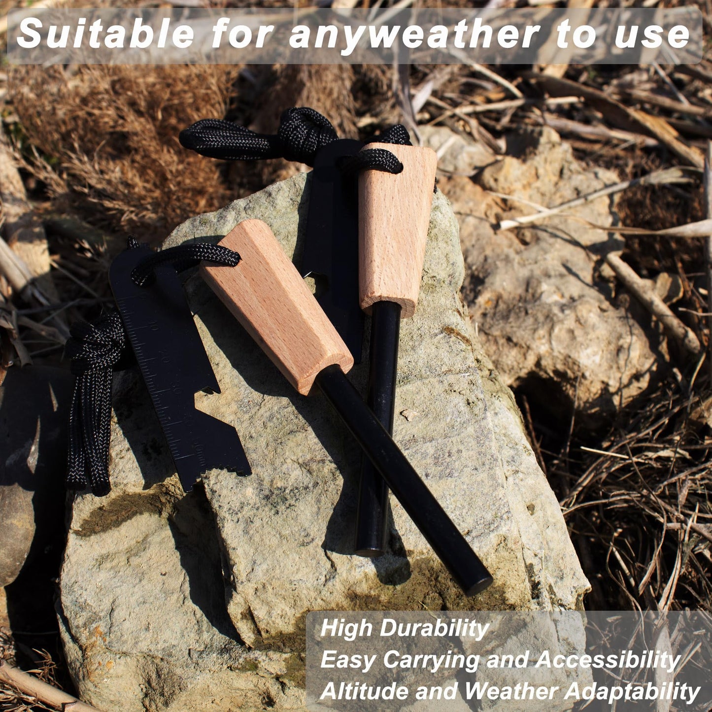 Fire Starter, Traditional Magnesium Ferro Rod, 20,000+ Strikes, Beech Handle, Survival Igniter with Neck Waxed Fire Tinder Paracord (28inch) & 6-in-1 Multi-Tool Striker-2 Packs