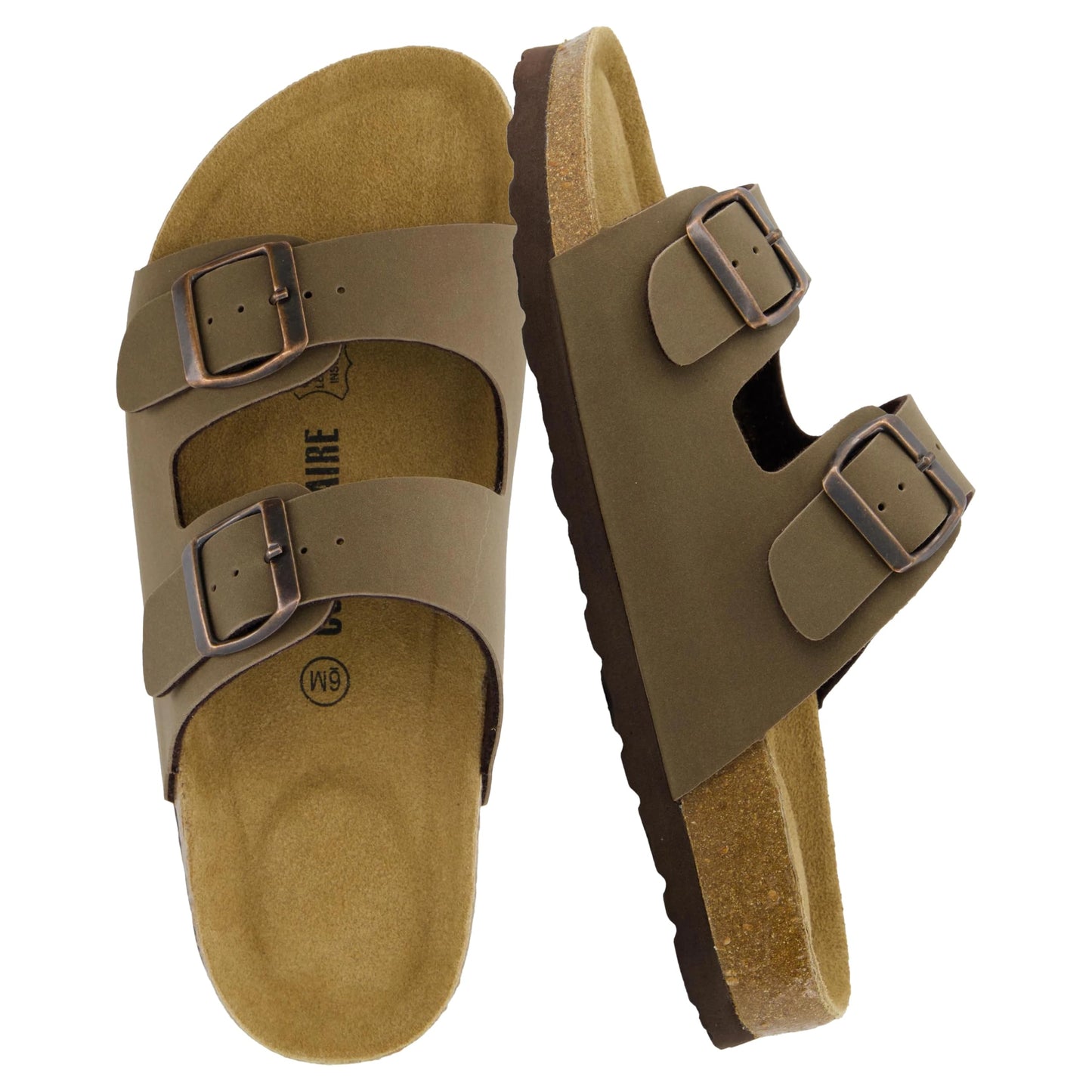 CUSHIONAIRE Lane Cork Footbed Womens Sandals Comfortable Double Buckle Slip On Sandals for Women with Arch Support and Classic Two Strap Design, BROWN 8
