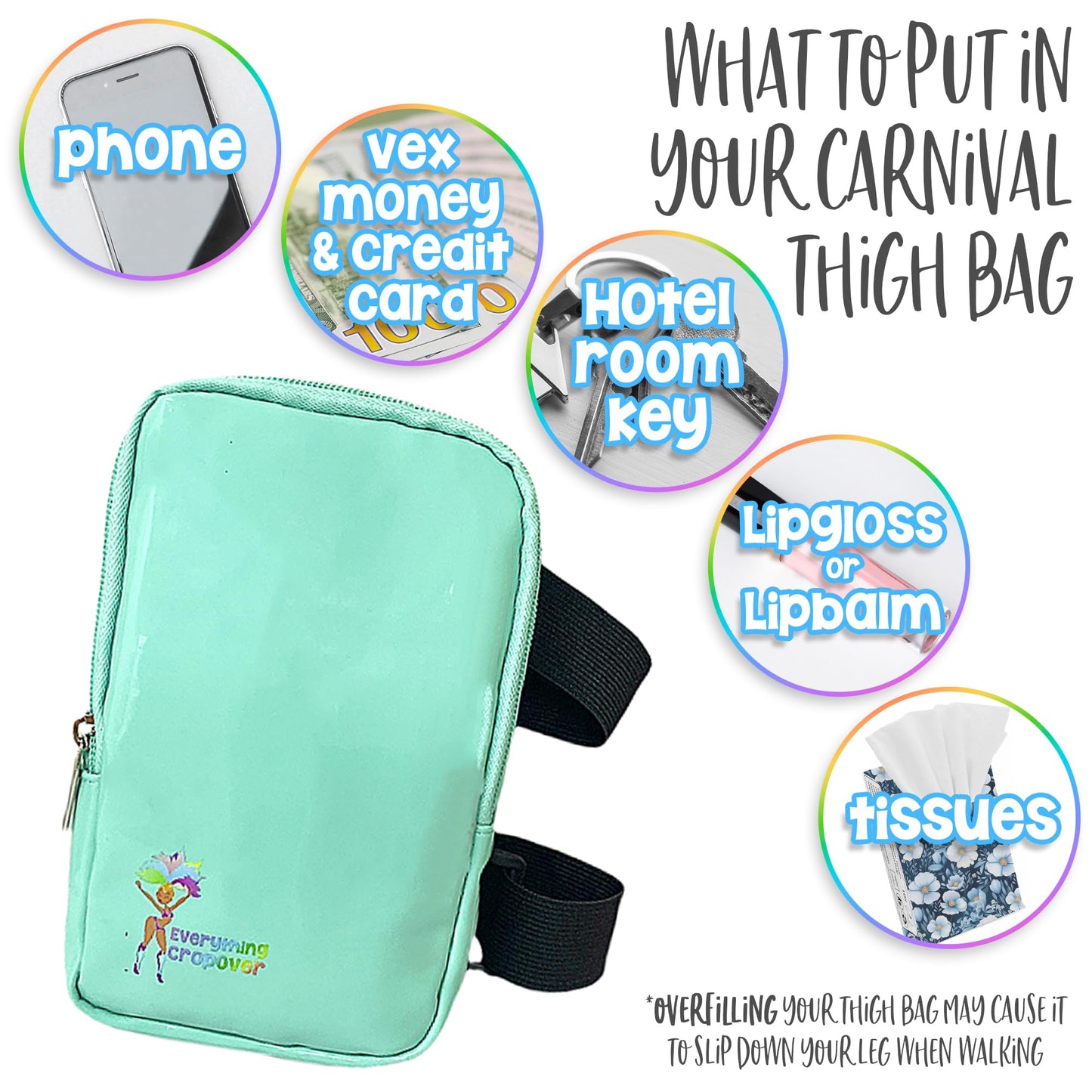 Holographic Thigh Bag | Carnival Leg Harness for Women | Outdoor Waist Pouch | J'ouvert Travel Leg Pack with Wide Adjustable Straps | Black