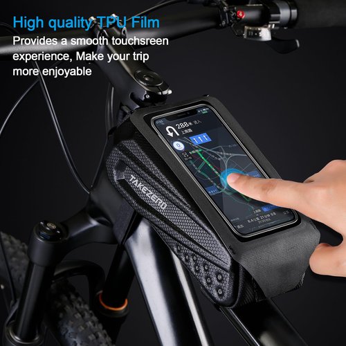 TAKEZERO Bike Frame Bag Waterproof Phone Holder Pouch Storage Bag for Bicycle (Black, 1.8L, Compatible with Phones 4-7 inches)
