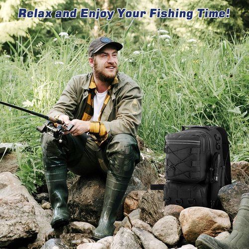 MoKo Fishing Backpack Sling Bag with Rod & Gear Holder, Nylon Waterproof Fishing Tackle Storage Bag for Fish, Camping, Hiking, Hunting, Perfect Gifts for Men Father, Black