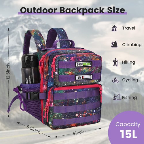 Ci Wigo Small Tactical Backpack for Men Women,15L Mini MOLLE Tactical Daypack Rucksack with Patches for Gym Hiking Camping Travel Sport (Galaxy Purple)