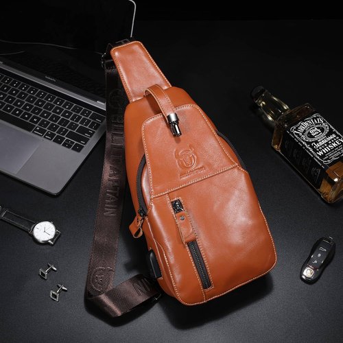 Cross Body Bag Genuine Leather Sling Bags for Men Shoulder Bag with USB Charging Port Backpack for Travel (Tan)