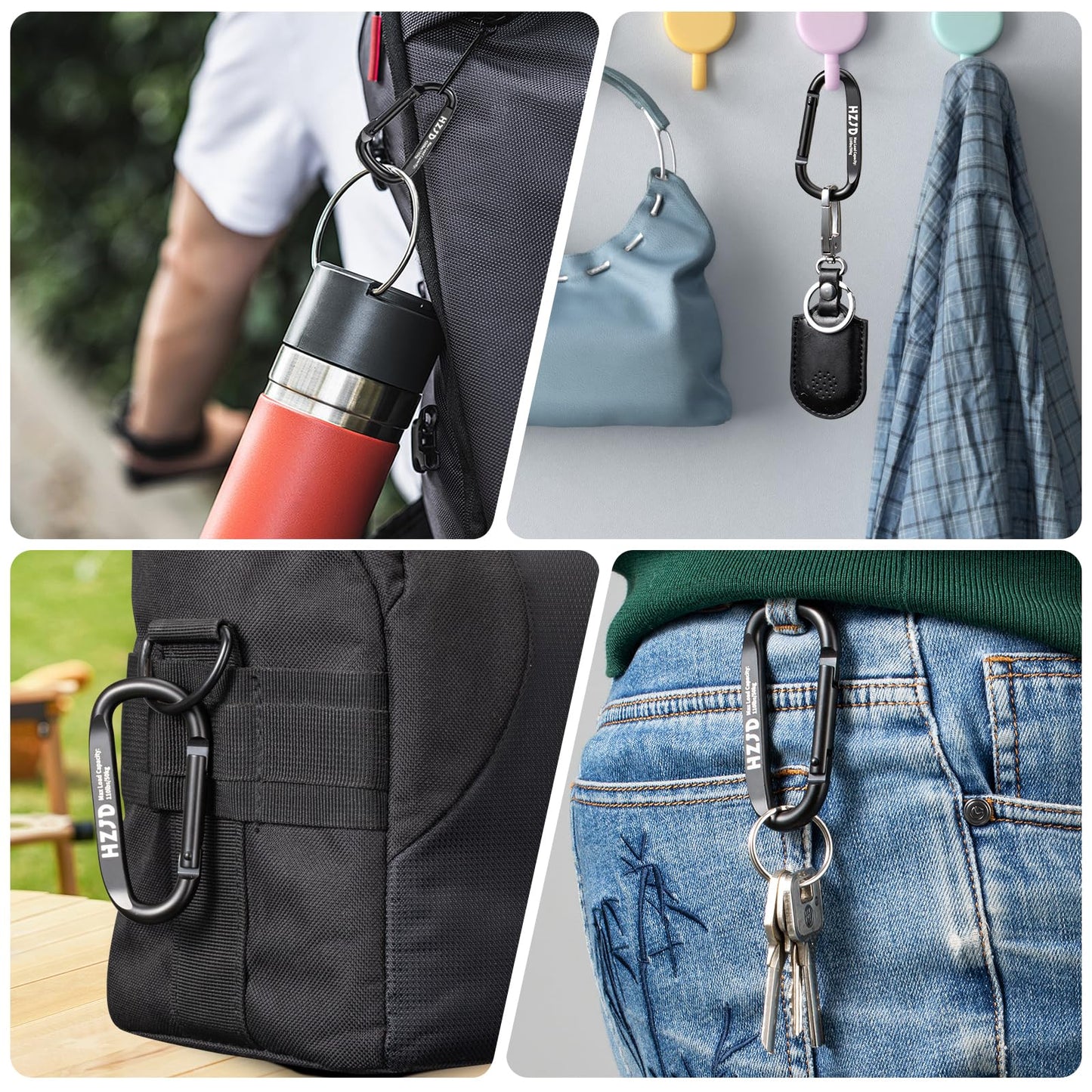 HZJD Carabiner Caribeaner Clip, 110lbs, 3" Aluminum Heavy Duty Black(2PCS)