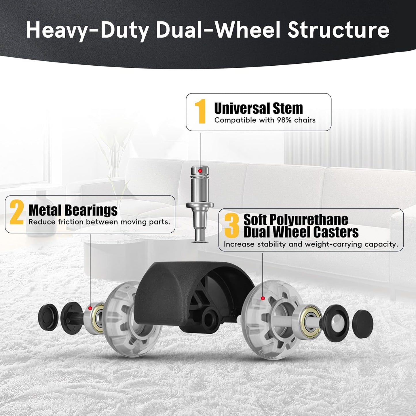 Mastery Mart Office Chair Caster Wheels for Hardwood Floors, Heavy Duty and Quiet Smooth Rollerblade Wheels for Office Chair, Universal Size (11x22mm), Suitable for Most Chairs