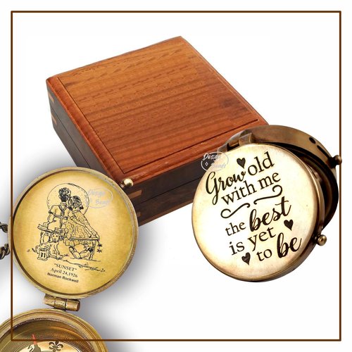 DB Grow Old Along with me Engraved Compass with Norman Rockwell Sunset Engraving, Anniversary Compass Gift for Him or Her Valentine Gift, Birthday, Long Distance, Love, Sorry