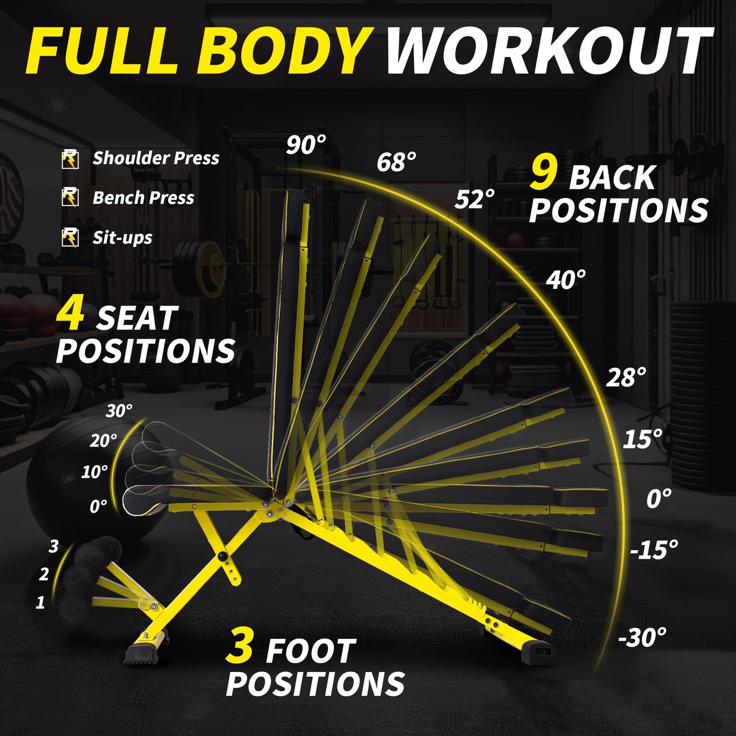 Adjustable Weight Bench,1000 LB Fast Folding Workout Bench for Home Gym Strength Training, Incline Decline Flat Utility Bench Press for Full Body Workout, Upright Storage Yellow Exercise Bench (Yellow)