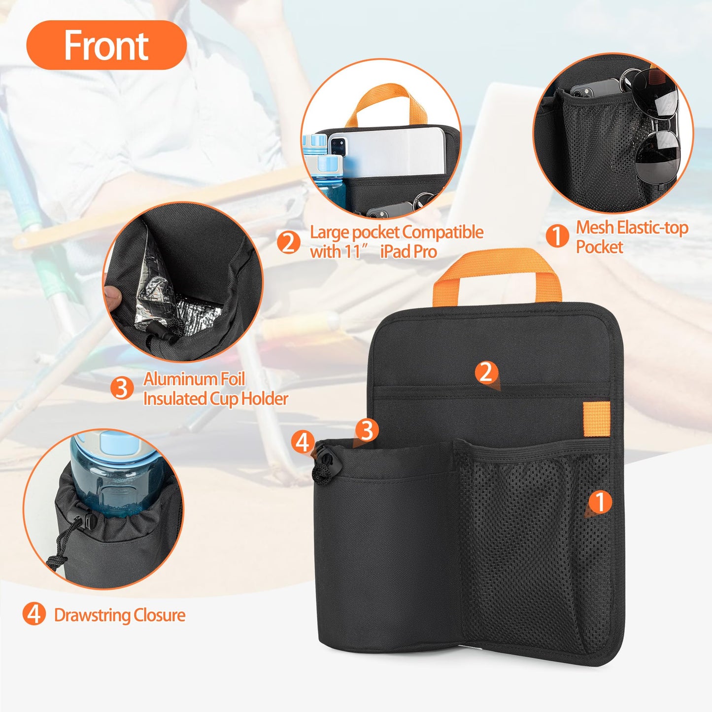 GRAOSO Beach Chair Cup Holder, Chair Side Organizer Easily Attached to Armrest with 2 Self-Adhesive Fastener Strap, Hanging Chair Attachment for Water Bottle, Sunglasses, Phone, Snack, etc..