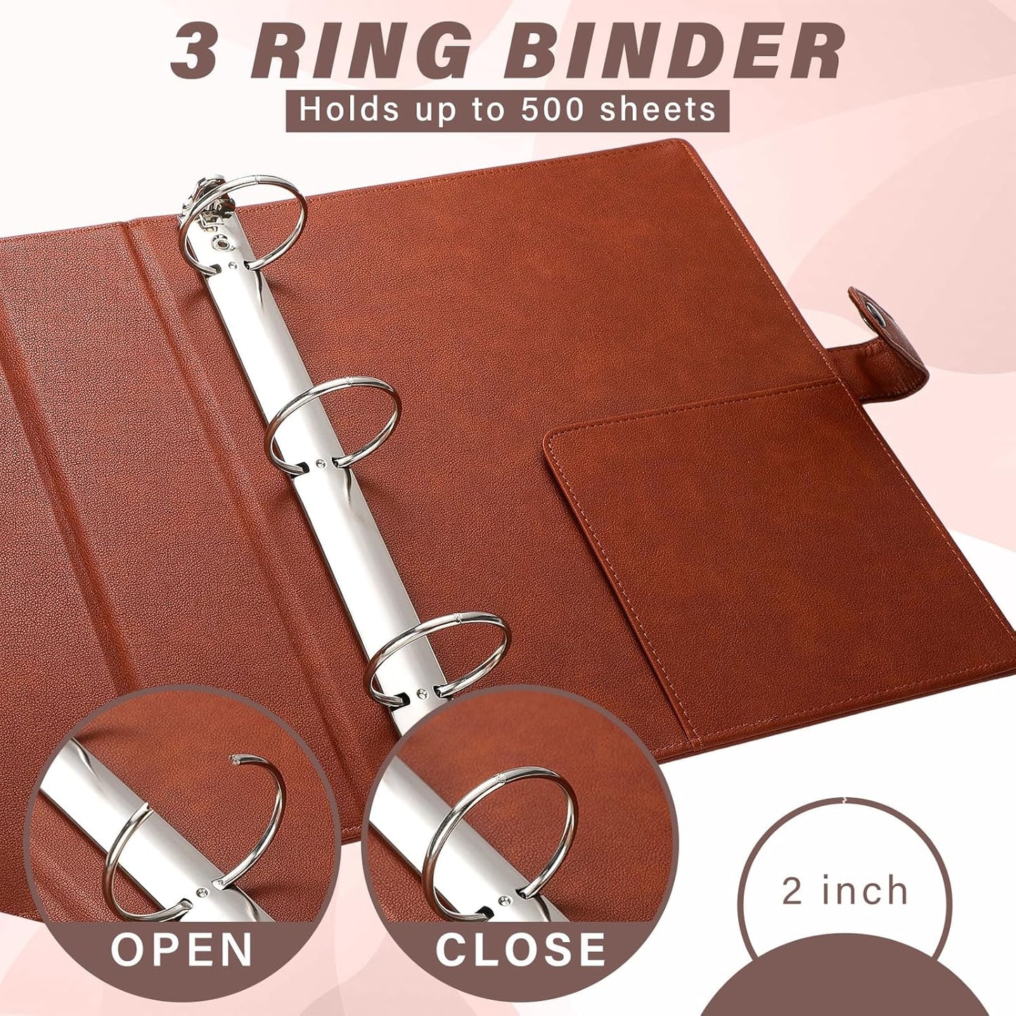 ReliThick 2 Pcs Leather 3 Ring Binder 2 Round Rings for 8.5 x11 Paper and Sheet Protectors Brown Binder Organizer Interior Pockets Snap Closure Letter Size