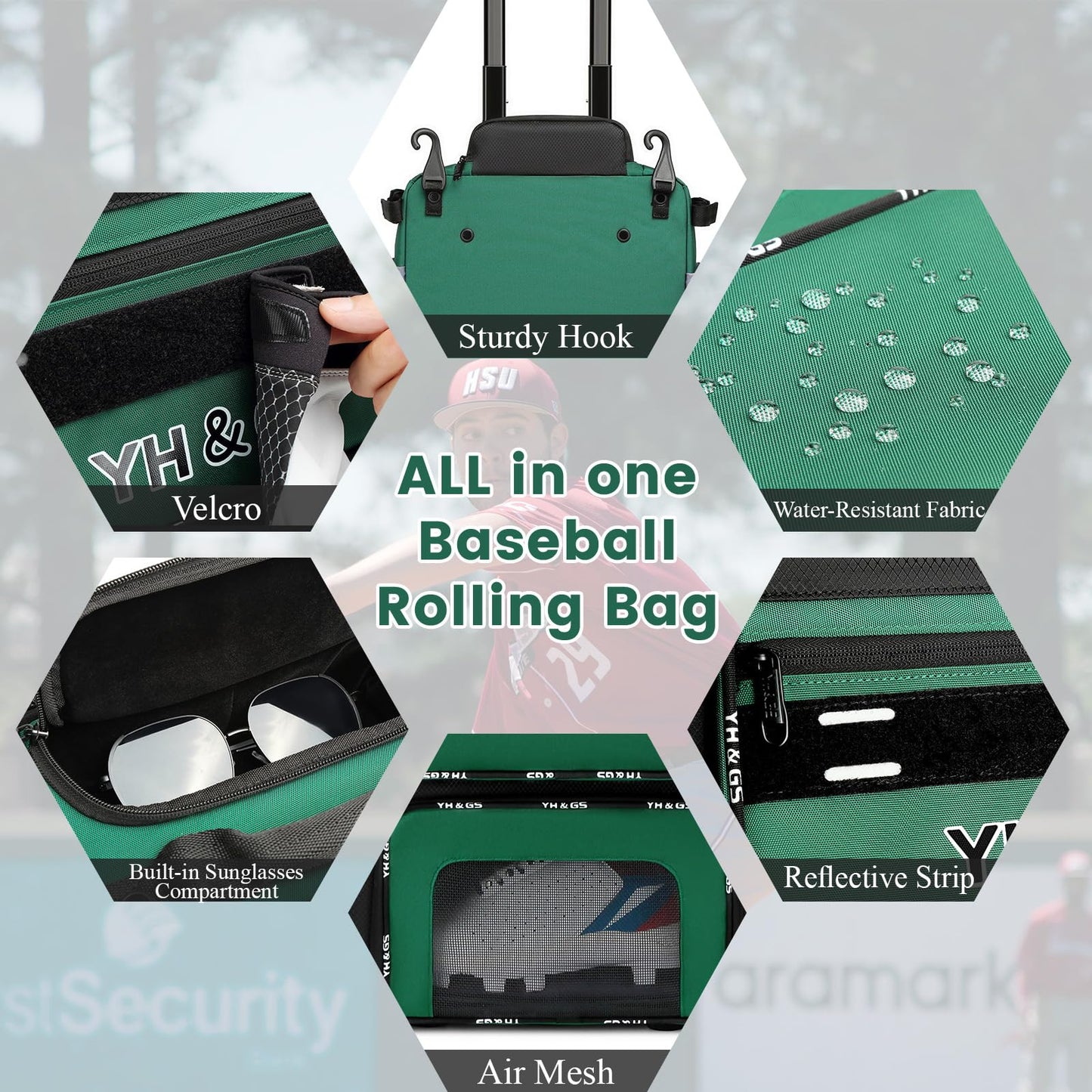 Rolling Baseball Bag,Wheeled Softball Bag with Fence Hook for TBall Bat & Equipment,Lightweight Baseball Bat Bag with Shoe Compartment Green