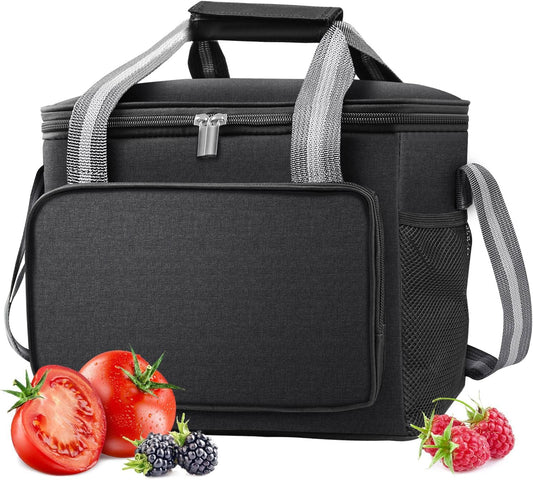 Insulated Cooler Bag for 24Can (15L), Reusable Thermal Bag, Leakproof Freezable Cooler Bag Organizer with Adjustable Shoulder Strap for Women Men Office Work Picnic Hiking Beach, Black