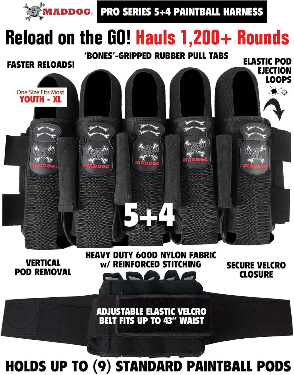Maddog Pro 3+2 Paintball Harness Pod Pack | Pod Ejection | Adjustable Elastic Velcro Belt
