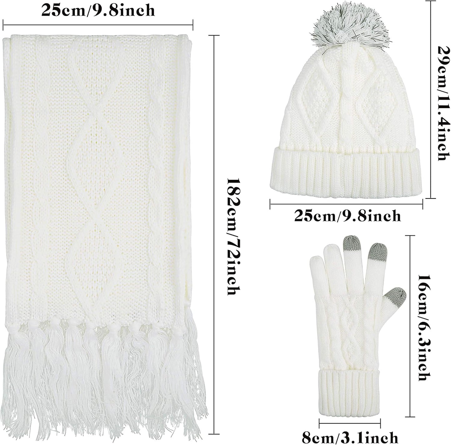 Winter Hat Gloves Scarf Set for Women, Cable Knit Beanie Pom Cap Touch Screen Glove Long Scarf 3PCS Winter Gift for Women Men