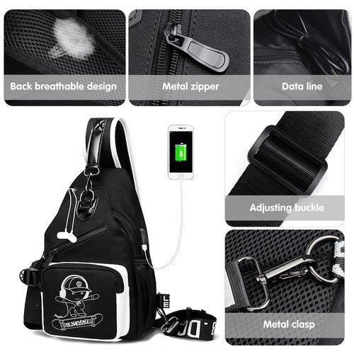 MCWTH Sling Bag for Teen Boys, Luminous Chest Pack Waterproof Travel Shoulder Backpack (Skateboard Boy)