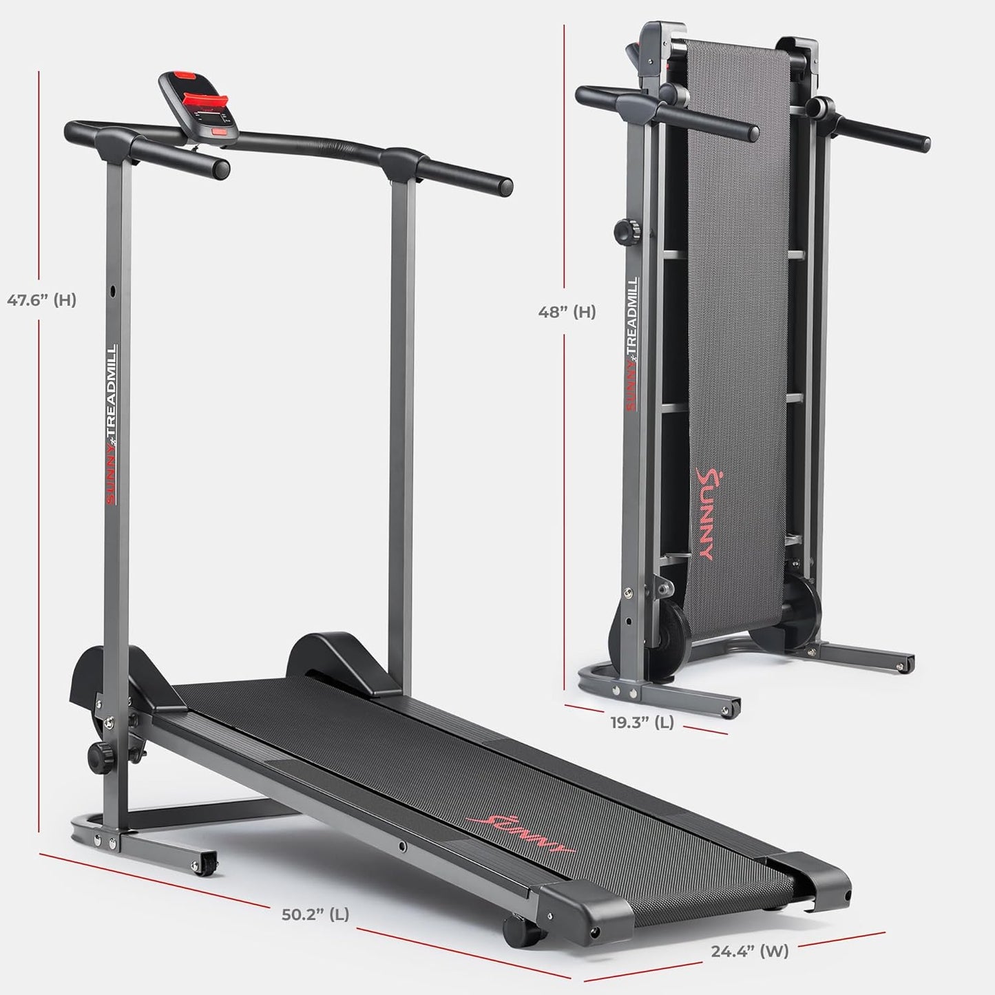 Sunny Health & Fitness Compact & Foldable Treadmill, Non-Slip Surface, Optional Dual Mode Walking/Running, Non-Electric Fixed Incline, Digital Monitor, Smart Bluetooth Connection with SunnyFit App
