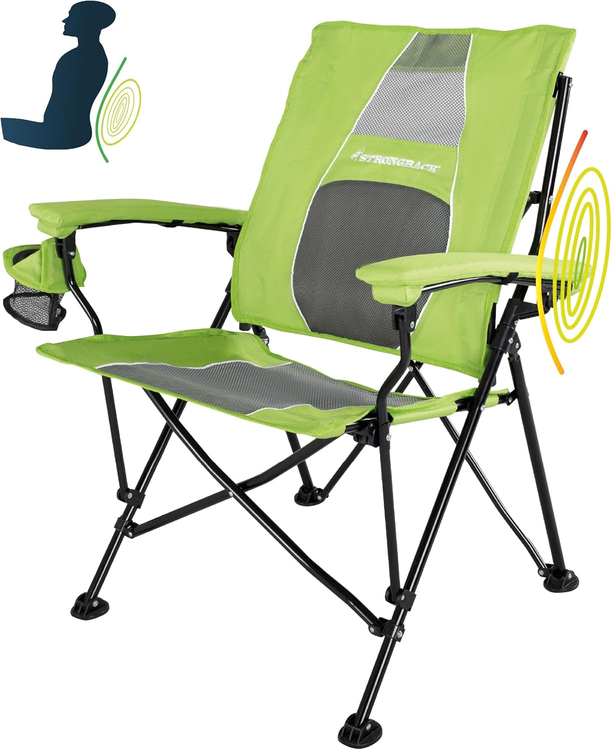 STRONGBACK Elite Folding Camping Lawn Lounge Chair Heavy Duty Camp Outdoor Seat with Lumbar Support and Portable Carry Bag - Navy/Grey