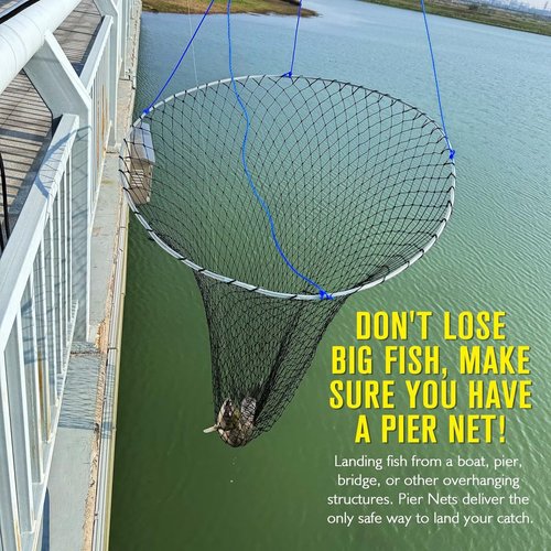 Dovesun Drop Net for Pier Fishing Nylon Portable Pier Net for Bridge Fishing Foldable Landing Neting Kit with Poly Rope Carabiners Stainless Steel Ring Soft Steel Hoop Size 31"