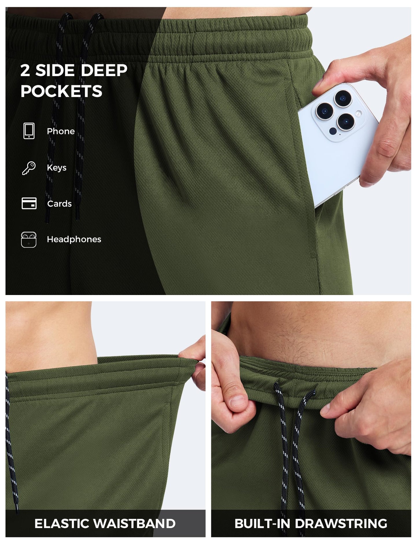 VGVB Men's 7 Inch Athletic Shorts Lightweight Workout Running Shorts Quick Dry Gym Shorts with Pockets Green,Large