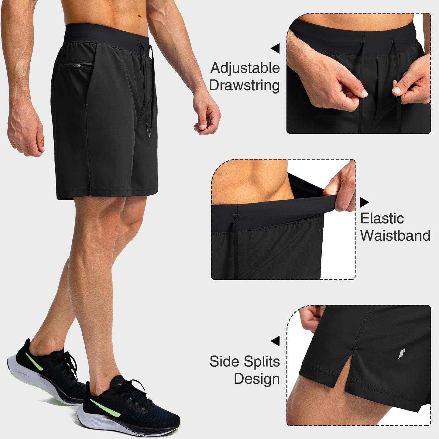 Soothfeel Men's Running Shorts with Zipper Pockets 7 Inch Lightweight Quick Dry Gym Athletic Workout Shorts for Men (Black, L)