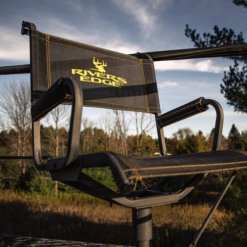 Rivers Edge® 12’ 2-Man Quad Pod Tower Stand, TearTuff™ Mesh Seats, 360-Degree Swivel Chairs, Adjustable Padded Shooting Rail, Unmatched Stability, Oversized Platform, RE401
