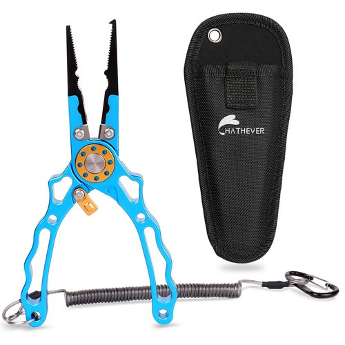 Hathever Saltwater Fishing Pliers, Split Ring & Hook Remover with Tungsten Carbide Cutters, Lockable, Aircraft Aluminum Handle, Sheath & Lanyard, Gifts for Men
