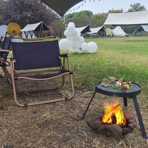 YBTMG Folding Campfire Tripod with 304 Stainless Steel Grill, Heavy Duty Cast Iron Camping Stand for Cooking Dutch Oven for BBQ Picnic Hiking Fishing Travel