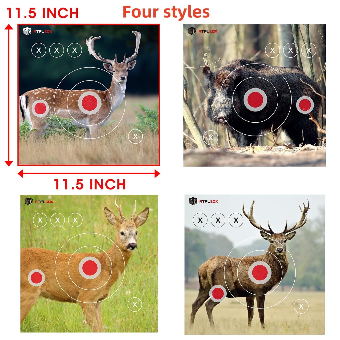 Atflbox 100Pack Four Different Animal Target Papers, 11.5 inch High Visibility Paper Range Shooting Targets, Shooting Paper Targets for Hunting, Handguns, Pistol, Airsoft, BB Gun, Air Rifle