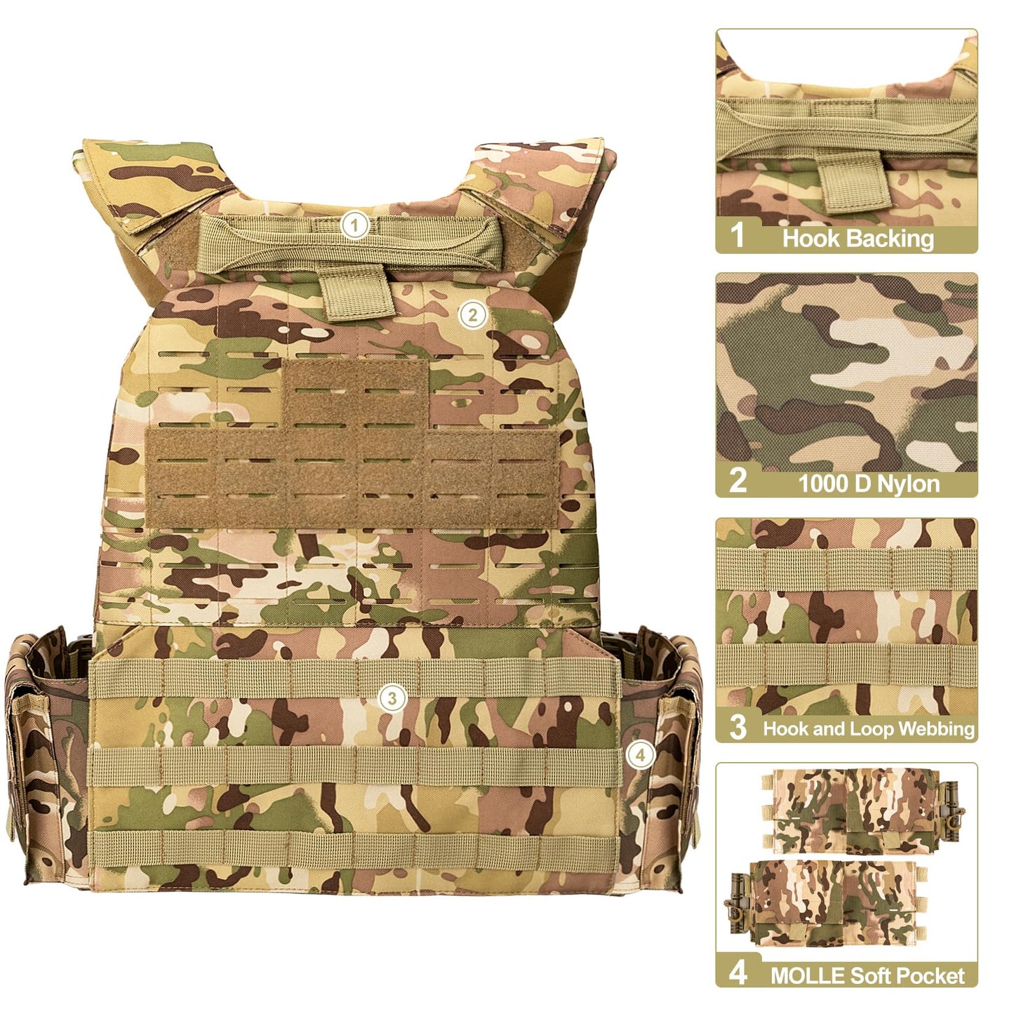 ADHOME Quick Release Tactical Vest, Adjustable Breathable Weighted Vest for Men, Strong Tensile Lightweight Molle Vest 1000D Nylon for Duty Hunting Gaming